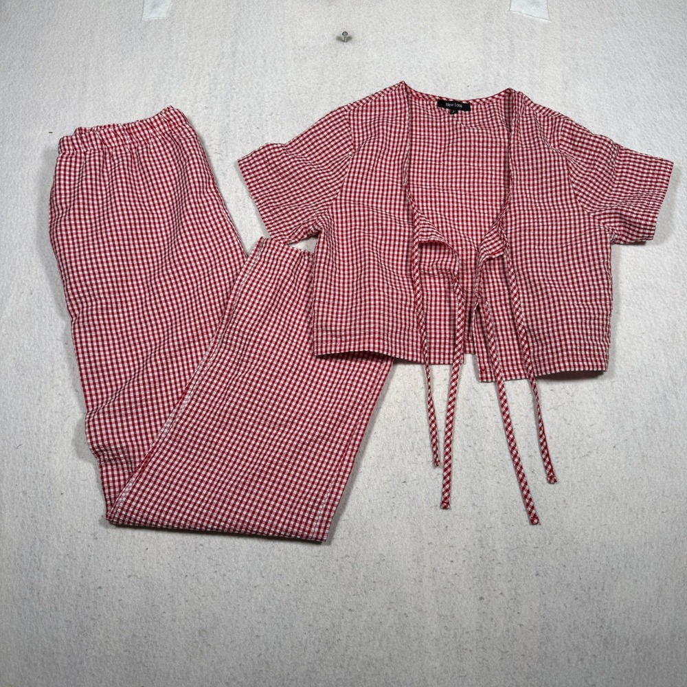 New Look Red Gingham Two Piece Set Tie Front Crop Top Wide Leg Pants Large